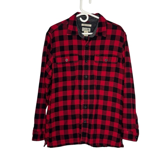 Men’s LL Bean Size Med Red/Black Cotton Plaid Fleece Lined Flannel Shirt Shaket - Picture 1 of 10
